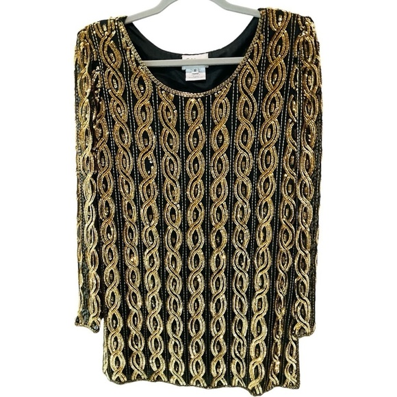 Vintage Stenay Beaded Tunic Top Dress Sequin Black Gold Silk Small - Picture 1 of 6